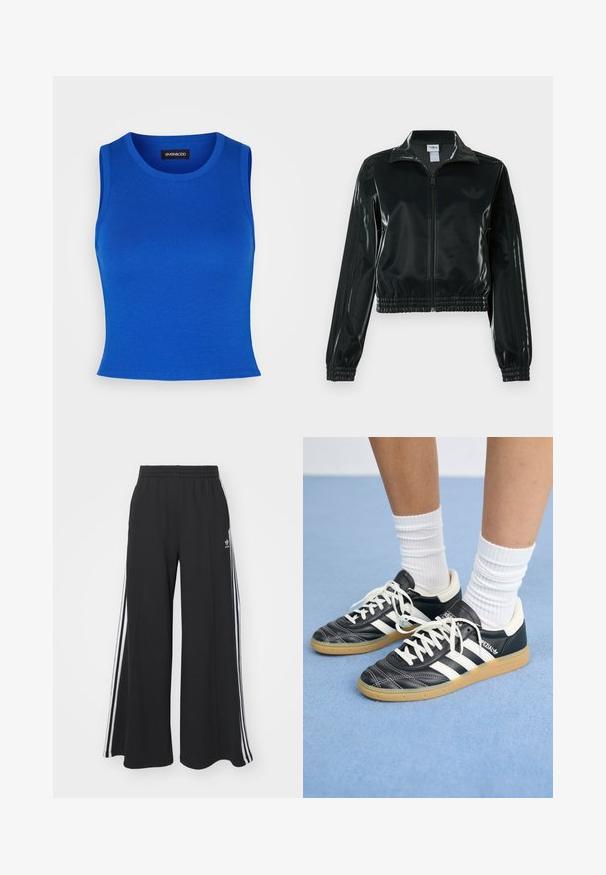 Juoda blizgi trumpa striukė su užtrauktuku priekyje, aukštu apykakliu ir elastine apačia. Rankovėse trys dryžiai ir mažas logotipas ant krūtinės.; Karališkai mėlynas raukšlėtas marškinėlis su apvaliu iškirpimu ir plačiomis petnešomis. Lygi tekstūra be matomų raštų ar akcentų.; Juodos plačios kojų džinsinės kelnės su elastingu juosmeniu, turinčios baltas šonines juosteles ir išsiuvinėtą logotipą kairiajame šlaunyje.; Juodos odinės sportbačiai su baltais dryžiais, apvalia nosimi, baltais raišteliais ir guminiu padu. Pabrėžti paminkštinta apykakle ir prekių ženklų detalėmis.