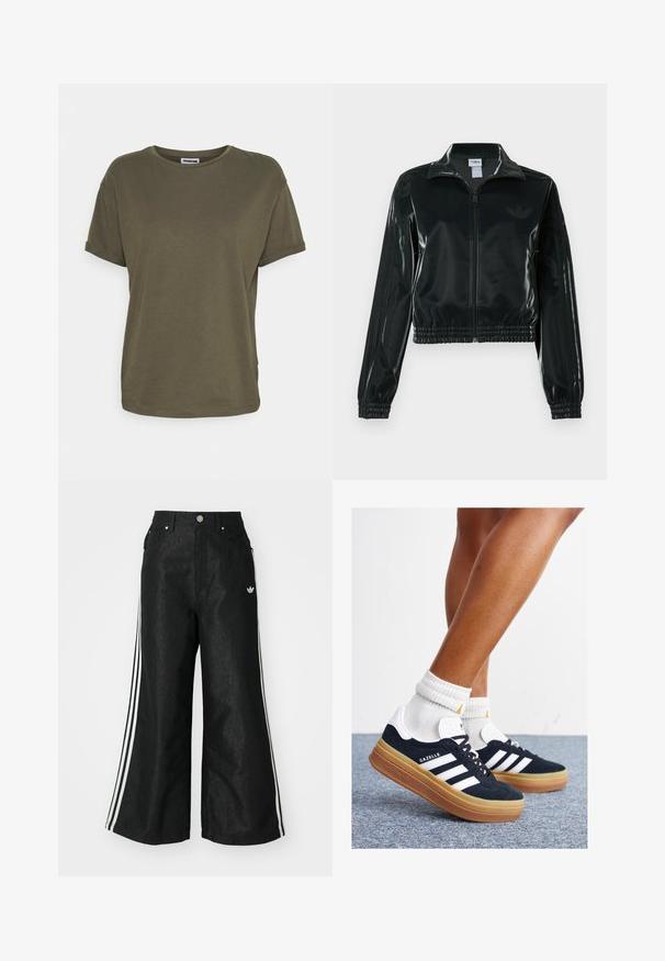 Jachetă neagră lucioasă, scurtă, cu fermoar frontal, guler înalt și tiv elastic. Are trei dungi pe mâneci și un mic logo pe piept.; Noisy May Tricou basic - kalamata; Pantaloni din denim negri, cu croi evazat, având trei dungi albastre pe fiecare parte și un mic logo alb. Dispune de buzunare frontale și închidere cu buton.; Adidași negri din piele întoarsă cu dungi și accente albe, vârf rotund, talpă de cauciuc gumă, asortați cu șosete albe cu model nervurat.