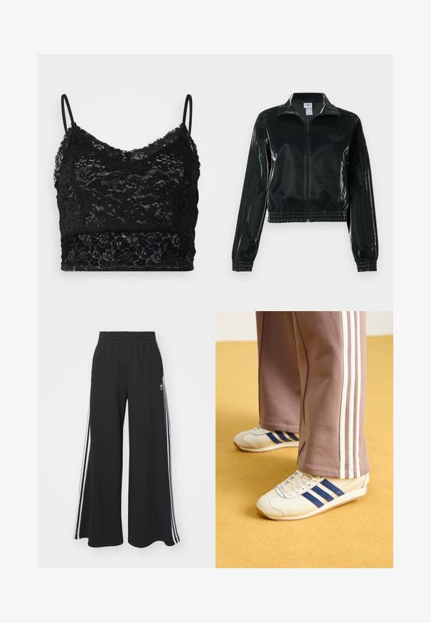 Black glossy cropped jacket with a zip front, high collar, and elasticized hem. Features three stripes on sleeves and a small logo on the chest.; Black lace bralette featuring adjustable spaghetti straps, a floral lace pattern, and a solid black band at the bottom.; Black wide-leg sweatpants with an elastic waistband, featuring white side stripes and an embroidered logo on the left thigh.; Cream sneakers with blue suede stripes, white laces, and a rubber sole. Paired with gray sweatpants featuring white side stripes.
