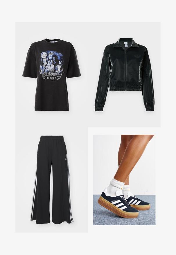 Juoda blizgi trumpa striukė su užtrauktuku priekyje, aukštu apykakliu ir elastine apačia. Rankovėse trys dryžiai ir mažas logotipas ant krūtinės.; Juodas per didelis marškinėliai, pagaminti iš medvilnės, su grafikiniu atvaizdu mėlynos spalvos tonais, kuriame yra vaizdų ir teksto, susijusių su "Buffy the Vampire Slayer".; Juodos plačios kojų džinsinės kelnės su elastingu juosmeniu, turinčios baltas šonines juosteles ir išsiuvinėtą logotipą kairiajame šlaunyje.; Juodi zomšiniai sportbačiai su baltais dryžiais ir akcentais, apvalios nosies, guminio, gumos pado, derinami su baltais raitytais vidutinio ilgio kojinaitėmis.