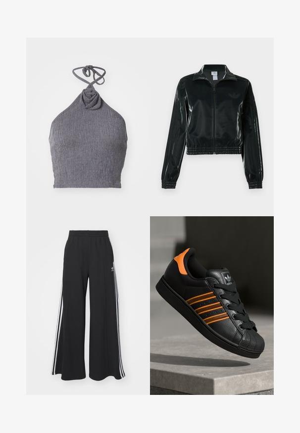 Casaco curto preto brilhante com fecho de correr frontal, gola alta e bainha elástica. Apresenta três riscas nas mangas e um pequeno logotipo no peito.; Top halter cinza com um tecido texturizado e canelado. Apresenta um detalhe de nó torcido na gola e laços nas costas para um ajuste ajustável.; Calças de suor largas e pretas com uma cintura elástica, apresentando riscas brancas nas laterais e um logótipo bordado na coxa esquerda.; Sapatilha preta com detalhes laranja, três riscas horizontais, parte superior em couro texturizado, bico de borracha e atacadores pretos.