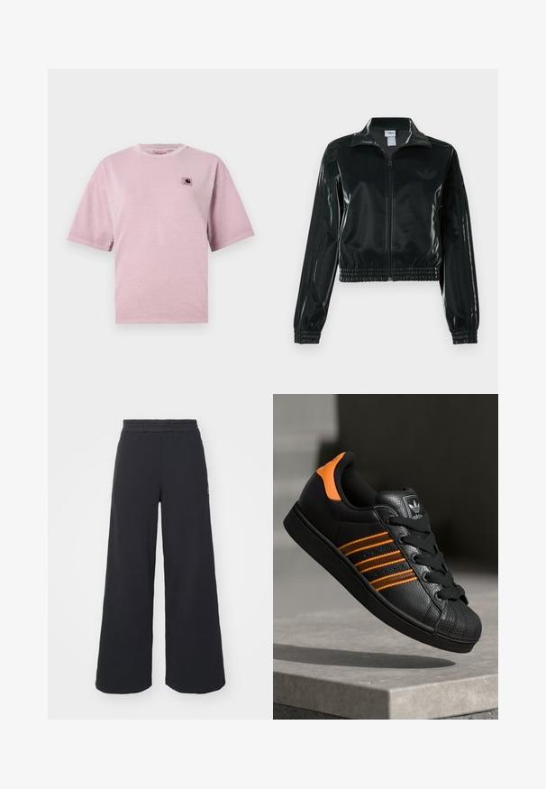 Svart glansig kort jacka med dragkedja framtill, hög krage och elastisk nederkant. Har tre ränder på ärmarna och en liten logga på bröstet.; Ljusrosa kortärmad t-shirt i mjukt material, med en liten fyrkantig logotypetikett på vänster bröstområde och rundad halsringning.; Svarta vida sweatpants tillverkade av mjukt tyg, med ett elastiskt midjeband och en liten logotyp på vänster sida.; Svart sneakers med orange detaljer, tre horisontella ränder, texturerad läderöverdel, gummitåhuvud och svarta snören.