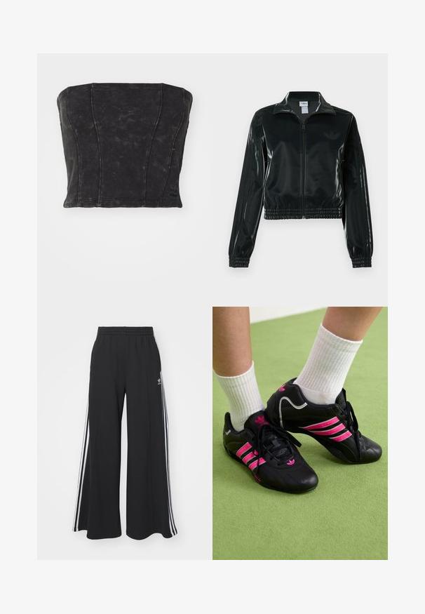 Must läikiv lühike jakk lukuga esiküljel, kõrge krae ja elastse äärega. Varrukatel on kolm triipu ja rinnal väike logo.; adidas Originals CORSET - Topp - black; Mustad laiad trenni püksid elastse vöökohtaga, millel on valged küljeribad ja tikitud logo vasakul reiel.; Mustad musta värvi spordijalatsid, millel on kolm roosat triipu, tekstureeritud nahkpealne, mustad paelad ja logo detail, koos valgete ribaga sokkidega rohelisel pinnal.