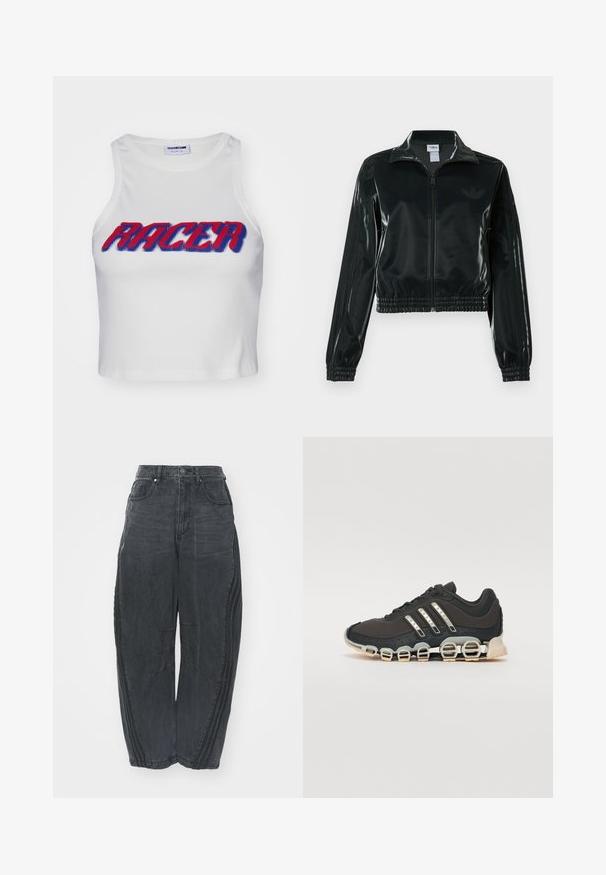 Sort blank cropped jakke med glidelås foran, høy krage og elastisk nederkant. Har tre striper på ermene og en liten logo på brystet.; Hvit ribbete, kort tanktop med ordet "RACER" i fet rød og blå skrift over fronten.; Baggy svarte denimjeans med en falmet finish, fem lommer, belteknapplukking og sømdetaljer på forsiden og sidene.; Svarte sportsko med en strukturert overflate, tre sølvstriper, og en distinkt støtdempende såle med flere integrerte seksjoner.
