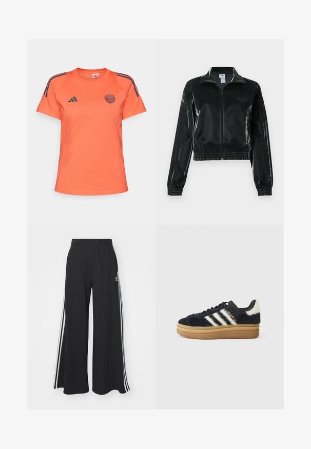 Sort blank cropped jakke med glidelås foran, høy krage og elastisk nederkant. Har tre striper på ermene og en liten logo på brystet.; Oransje idretts-t-skjorte med korte ermer, med marineblå striper på skuldrene og en brodert logo på framsiden, laget av lett materiale.; Svart vide joggebukser med elastisk midjebånd, med hvite sidestriper og brodert logo på venstre lår.; Svarte, shaggy joggesko med hvite striper og gullskrift, med tykk gummisåle og teksturert overdel. Akkompagnert av en lodden bakdel.