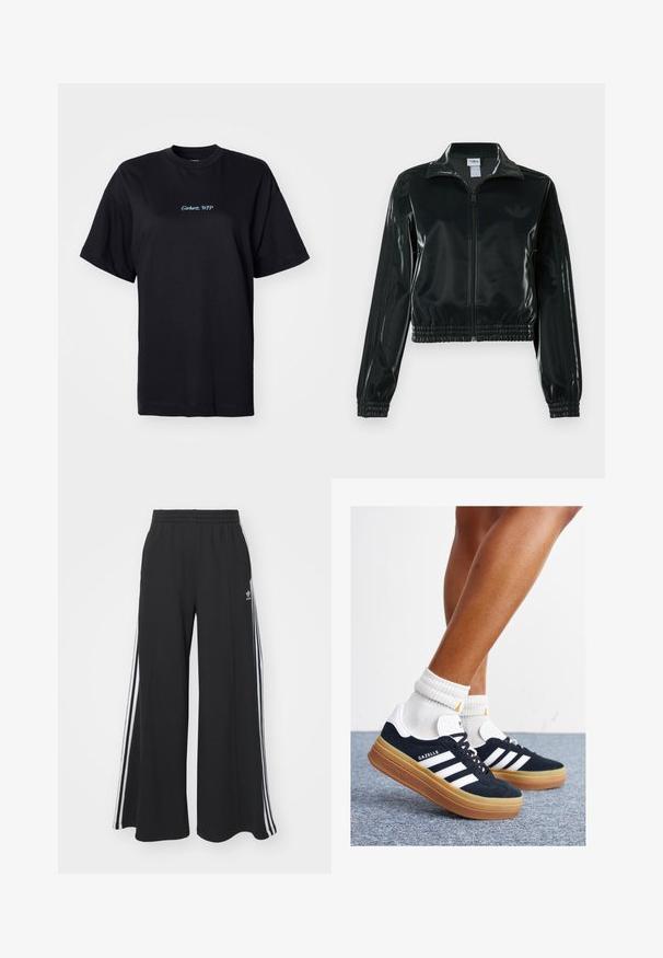 Black glossy cropped jacket with a zip front, high collar, and elasticized hem. Features three stripes on sleeves and a small logo on the chest.; Black cotton t-shirt with a relaxed fit. Features "Carhartt, WTP" embroidered in light blue on the front, round neckline, and short sleeves.; Black wide-leg sweatpants with an elastic waistband, featuring white side stripes and an embroidered logo on the left thigh.; Black suede sneakers with white stripes and accents, rounded toe, gum rubber outsole, paired with white ribbed crew socks.