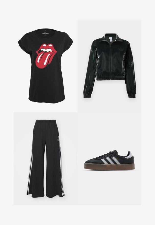 Jachetă neagră lucioasă, scurtă, cu fermoar frontal, guler înalt și tiv elastic. Are trei dungi pe mâneci și un mic logo pe piept.; Tricou negru din bumbac, cu un grafic al logo-ului Rolling Stones, reprezentând buze și o limbă roșie și albă pe față. Decolteu rotund.; Pantaloni de trening negri cu croială largă, prevăzuți cu un brâu elastic, având dungi laterale albe și un logo brodat pe coapsa stângă.; Adidași negri cu un design elegant, având trei dungi albe, o limbă neagră și o talpă din cauciuc maro texturată. Detalii cu litere aurii.