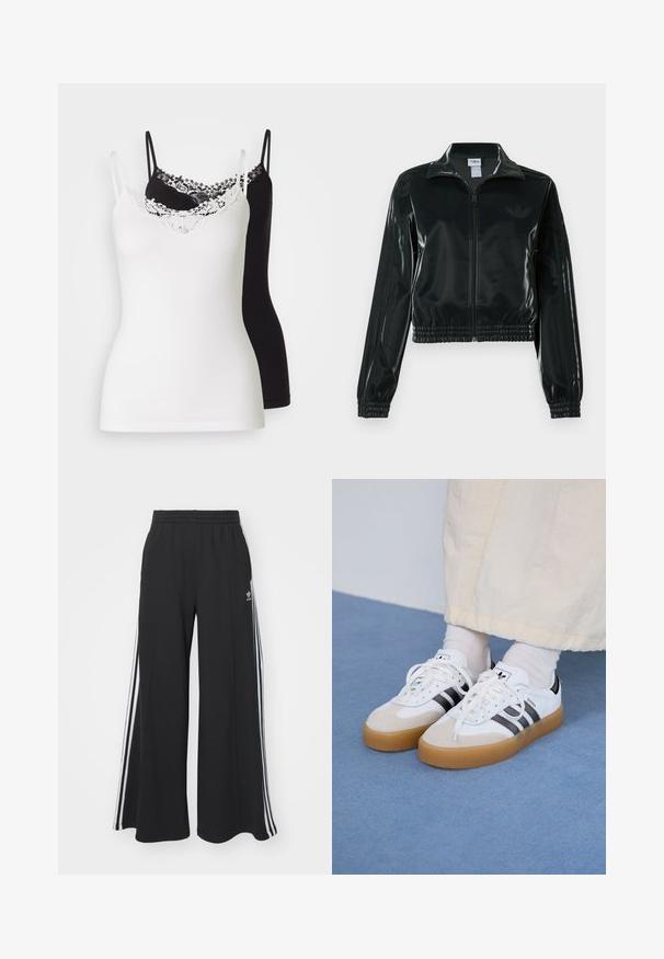 Sort blank cropped jakke med glidelås foran, høy krage og elastisk nederkant. Har tre striper på ermene og en liten logo på brystet.; To camiser, en hvit og en svart, med justerbare stropper. Den hvite toppen har en blonderkant langs utringningen. Glatt tekstur.; Svart vide joggebukser med elastisk midjebånd, med hvite sidestriper og brodert logo på venstre lår.; Hvite sneakers med svarte striper og beige semsket skinn-detaljer. Har en teksturert gummisåle og flate hvite snører, brukt med lyse sokker.