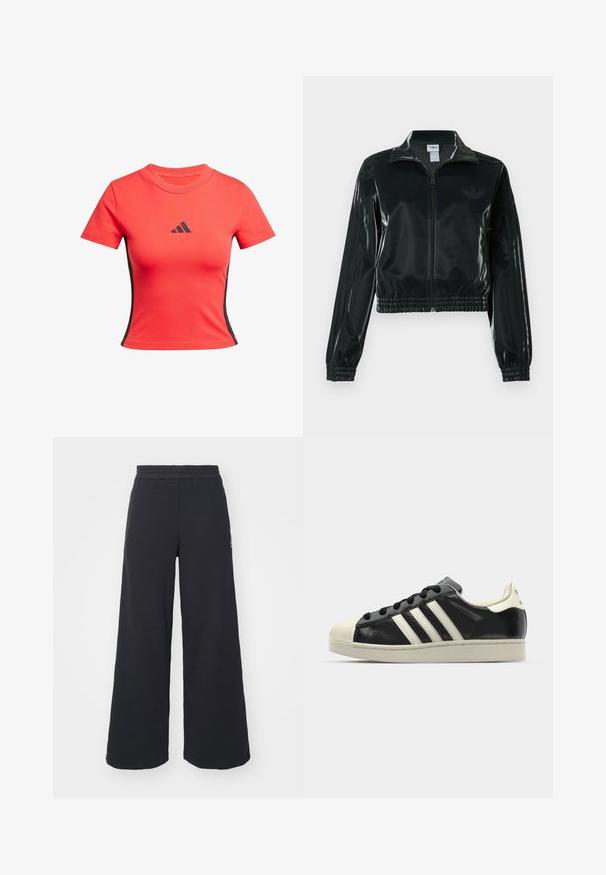 Black glossy cropped jacket with a zip front, high collar, and elasticized hem. Features three stripes on sleeves and a small logo on the chest.; Red short-sleeve t-shirt made of cotton, featuring a round neck, slim fit, and a black Adidas logo on the chest with black side accents.; Black wide-leg sweatpants made from soft fabric, featuring an elastic waistband and a small logo on the left side.; Black leather sneaker with white stripes, rubber toe cap, black laces, and a cream-colored outsole. Smooth texture with shiny finish.