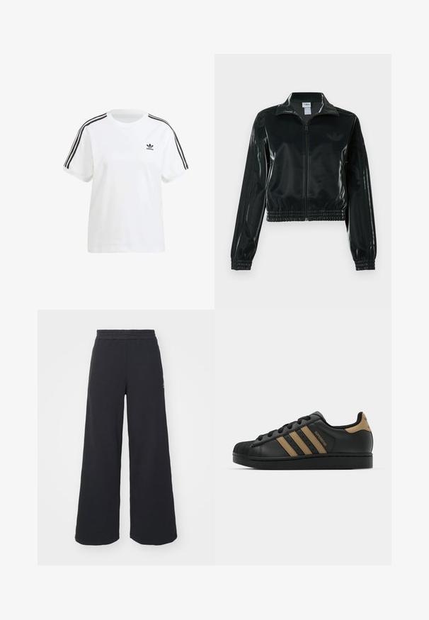 Black glossy cropped jacket with a zip front, high collar, and elasticized hem. Features three stripes on sleeves and a small logo on the chest.; White cotton t-shirt featuring short sleeves, a round neck, and black vertical stripes on the shoulders, with a small black logo on the chest.; Black wide-leg sweatpants made from soft fabric, featuring an elastic waistband and a small logo on the left side.; Black leather sneaker with three brown stripes, textured rubber toe cap, lace-up front, and flat black sole. Features a subtle logo on the heel.