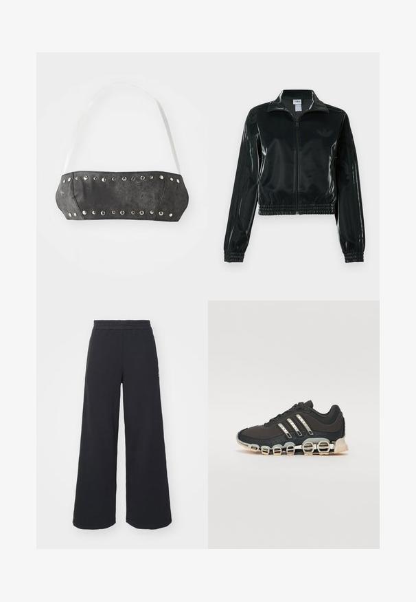 Black glossy cropped jacket with a zip front, high collar, and elasticized hem. Features three stripes on sleeves and a small logo on the chest.; Black faux leather bandeau with silver metal studs along the front edge; features white adjustable straps. Smooth texture, structured shape.; Black wide-leg sweatpants made from soft fabric, featuring an elastic waistband and a small logo on the left side.; Black athletic shoe with a textured upper, three silver stripes, and a distinctive cushioning sole featuring multiple integrated sections.
