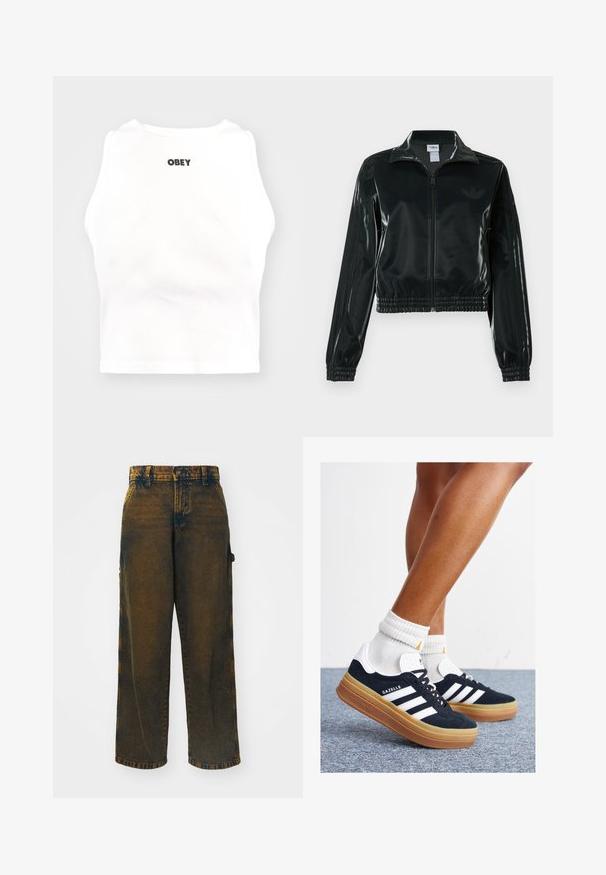 Sort blank cropped jakke med glidelås foran, høy krage og elastisk nederkant. Har tre striper på ermene og en liten logo på brystet.; Obey Clothing BOLD - Topper - white; Videbukser laget av denim, med en falmet mørkebrun farge og lysere detaljer, klassisk fem-lommers design og knappelukking.; Svarte sneakers i semsket skinn med hvite striper og detaljer, rund tå, yttersåle i gummigummi, kombinert med hvite ribbestrikkede crew-sokker.