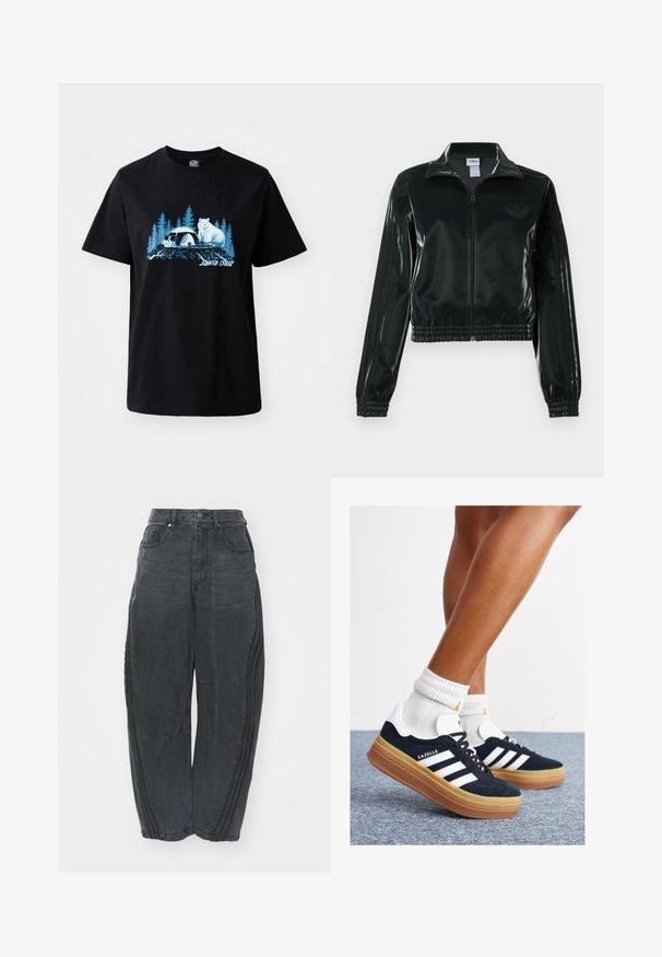 Sort blank cropped jakke med glidelås foran, høy krage og elastisk nederkant. Har tre striper på ermene og en liten logo på brystet.; Svart bomull T-skjorte med et blått grafisk trykk av en bjørn og en panda med trær i bakgrunnen. Korte ermer og rund hals.; Baggy svarte denimjeans med en falmet finish, fem lommer, belteknapplukking og sømdetaljer på forsiden og sidene.; Svarte sneakers i semsket skinn med hvite striper og detaljer, rund tå, yttersåle i gummigummi, kombinert med hvite ribbestrikkede crew-sokker.