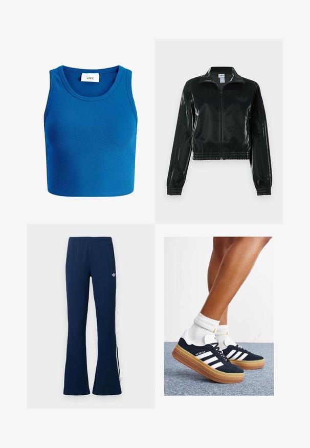 Casaco curto preto brilhante com fecho de correr frontal, gola alta e bainha elástica. Apresenta três riscas nas mangas e um pequeno logotipo no peito.; Top cropped azul com texturização, de decote amplo, sem mangas, e uma etiqueta com a inscrição "JJXX" localizada ao centro do decote.; Calças de fato de treino azul-marinho com canelado, boca alargada, riscas brancas laterais e logótipo bordado no lado esquerdo, com dois bolsos laterais.; Ténis de camurça preta com riscas e detalhes brancos, biqueira arredondada, sola em borracha cor de goma, combinados com meias brancas caneladas até à altura do tornozelo.