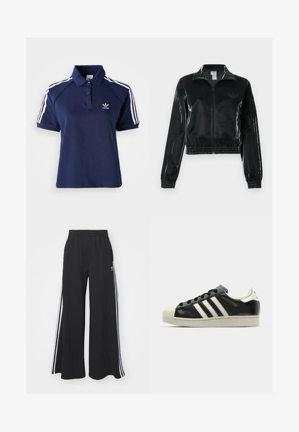 Casaco curto preto brilhante com fecho de correr frontal, gola alta e bainha elástica. Apresenta três riscas nas mangas e um pequeno logotipo no peito.; Camisa polo azul-marinho feita de uma mistura de algodão, com colarinho, três botões e riscas brancas ao longo dos ombros; apresenta um logótipo bordado.; Calças de suor largas e pretas com uma cintura elástica, apresentando riscas brancas nas laterais e um logótipo bordado na coxa esquerda.; Sapatilha de couro preto com riscas brancas, biqueira de borracha, atacadores pretos e sola na cor creme. Textura suave com acabamento brilhante.