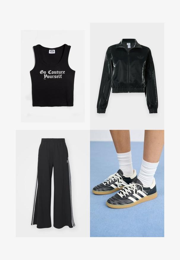 Juoda blizgi trumpa striukė su užtrauktuku priekyje, aukštu apykakliu ir elastine apačia. Rankovėse trys dryžiai ir mažas logotipas ant krūtinės.; Juicy Couture Viršus - black; Juodos plačios kojų džinsinės kelnės su elastingu juosmeniu, turinčios baltas šonines juosteles ir išsiuvinėtą logotipą kairiajame šlaunyje.; Juodos odinės sportbačiai su baltais dryžiais, apvalia nosimi, baltais raišteliais ir guminiu padu. Pabrėžti paminkštinta apykakle ir prekių ženklų detalėmis.