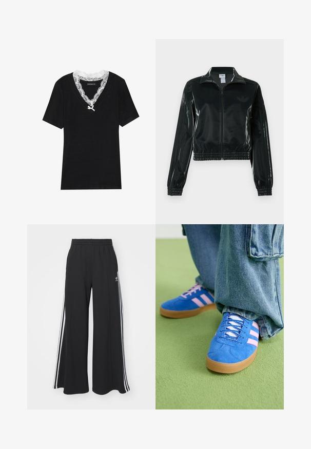 Must läikiv lühike jakk lukuga esiküljel, kõrge krae ja elastse äärega. Varrukatel on kolm triipu ja rinnal väike logo.; Mustad lühikeste varrukatega must T-särk V-kaelusega, millel on valge pitsist krae ja väike lipsu detail kaela ümber. Pehme, siledapinnaline kangas.; Mustad laiad trenni püksid elastse vöökohtaga, millel on valged küljeribad ja tikitud logo vasakul reiel.; Sinised sametkingad roosade triipudega ja valgete paeltega, millel on kummist tallad, kombineeritud laia teksapükstega rohelisel pinnal.