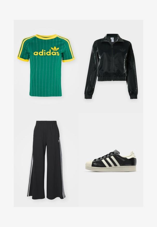 Musta kiiltävä lyhyt takki vetoketjulla, korkealla kauluksella ja joustavalla helmalla. Hihoissa on kolme raitaa ja rinnassa pieni logo.; Vihreä puuvillapaita, jossa on pystysuorat valkoiset raidat, keltaisia yksityiskohtia ja "adidas"-logo keltaisella fontilla. Lyhyt hiha ja pyöreä pääntie.; Mustat löysät verkkarit, joissa on joustava vyötärö, valkoiset sivuraidat ja brodeerattu logo vasemmassa reidessä.; Musta nahkasneakeri, jossa on valkoiset raidat, kuminen varvassuoja, mustat nauhat ja kermaisa ulkopohja. Suora pinta ja kiiltävä viimeistely.