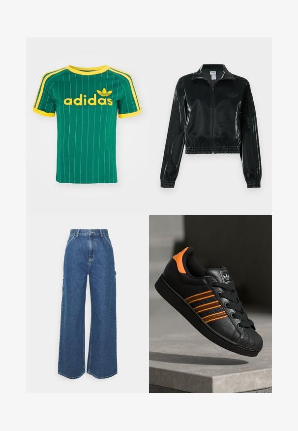 Black glossy cropped jacket with a zip front, high collar, and elasticized hem. Features three stripes on sleeves and a small logo on the chest.; Green cotton T-shirt with vertical white stripes, yellow accents, and "adidas" logo in yellow font. Short sleeves and crew neck design.; Wide-leg blue denim trousers with a high waist, contrasting stitching, and side pockets, featuring a classic five-pocket design and raw hems.; Black sneaker with orange accents, three horizontal stripes, textured leather upper, rubber toe cap, and black laces.