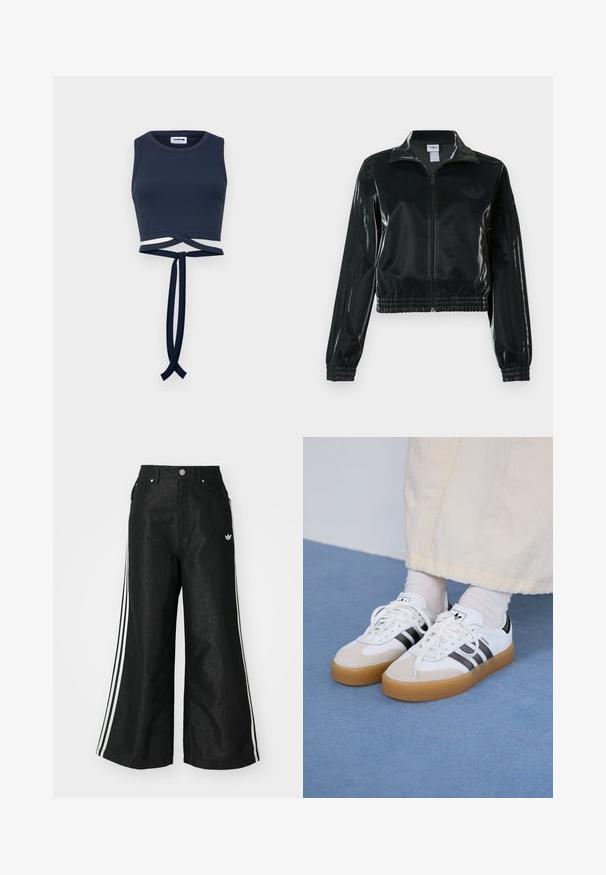 Sort blank cropped jakke med glidelås foran, høy krage og elastisk nederkant. Har tre striper på ermene og en liten logo på brystet.; Marineblå kort tanktopp laget av ribbet stoff, med brede skulderstropper og en vridd knute detalj ved midjen.; Sorte vide benbukser med tre hvite striper på hver side og en liten hvit logo. Har frontlommer og knappelukking.; Hvite sneakers med svarte striper og beige semsket skinn-detaljer. Har en teksturert gummisåle og flate hvite snører, brukt med lyse sokker.