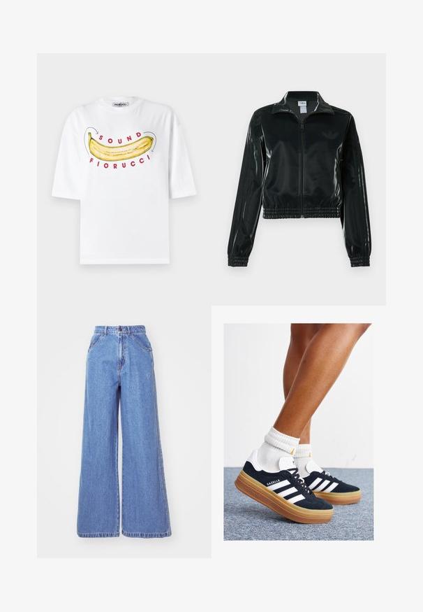 Schwarze glänzende, kurz geschnittene Jacke mit Reißverschluss vorne, hohem Kragen und elastischem Saum. Verfügt über drei Streifen an den Ärmeln und ein kleines Logo auf der Brust.; Fiorucci BANANA SOUND - T-Shirt print - white; adidas Originals Jeans Straight Leg - light denim; Schwarze Wildledersneaker mit weißen Streifen und Akzenten, rundlicher Zehenbereich, Sohlen aus braunem Gummi, kombiniert mit weißen, gerippten Sneakersocken.