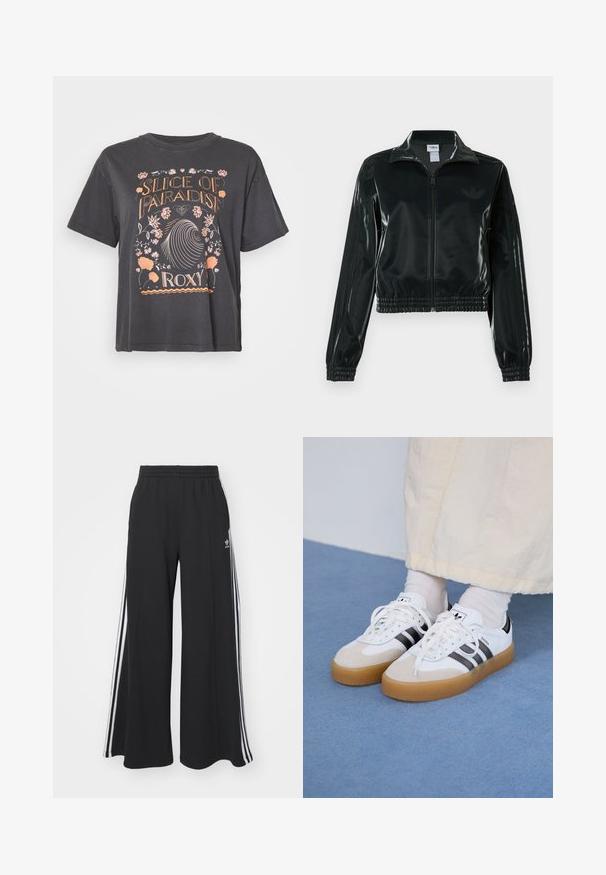 Must läikiv lühike jakk lukuga esiküljel, kõrge krae ja elastse äärega. Varrukatel on kolm triipu ja rinnal väike logo.; Must黑sest T-särk laia lõikega, millel on värvikas lille- ja lainegraafika ning tekst "Viilu paradiisist". Ümmargune kaelus.; Mustad laiad trenni püksid elastse vöökohtaga, millel on valged küljeribad ja tikitud logo vasakul reiel.; Valged tossud mustade triipudega ja beeži nahaga aktsentidega. Omavad tekstuuriga kummist talla ja lamedaid valgeid paelu, kantud heledate sokkidega.