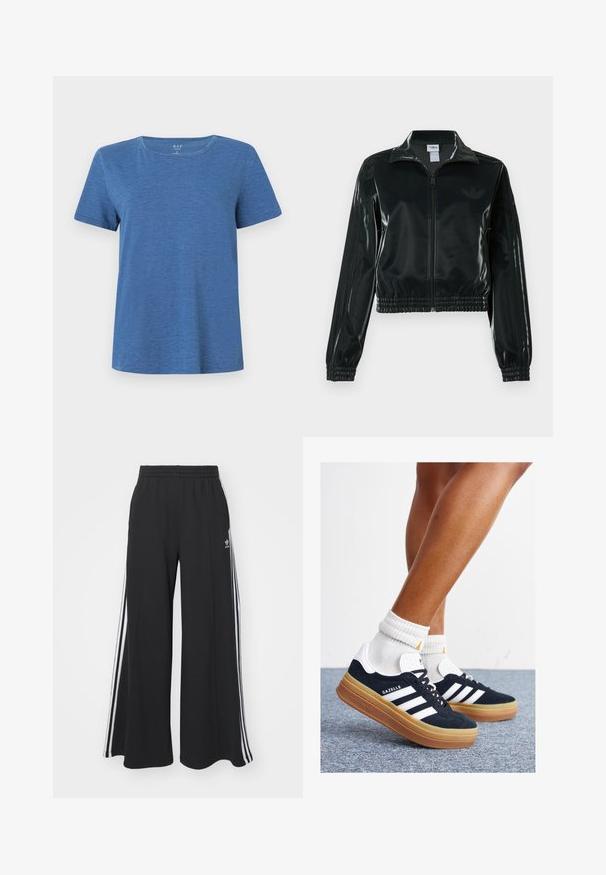 Zwarte glanzende cropped jas met een ritssluiting aan de voorkant, hoge kraag en elastische zoom. Voorzien van drie strepen op de mouwen en een klein logo op de borst.; Blauwe korte mouw t-shirt van zachte stof met een ronde halslijn en een ontspannen pasvorm. Kenmerkt zich door subtiele textuur in het materiaal.; Zwarte wijde sweatpants met een elastische tailleband, met witte zijstrepen en een geborduurd logo op de linker dij.; Zwarte suède sneakers met witte strepen en accenten, ronde neus, gum rubberen buitenzool, gecombineerd met witte geribbelde crewkousen.