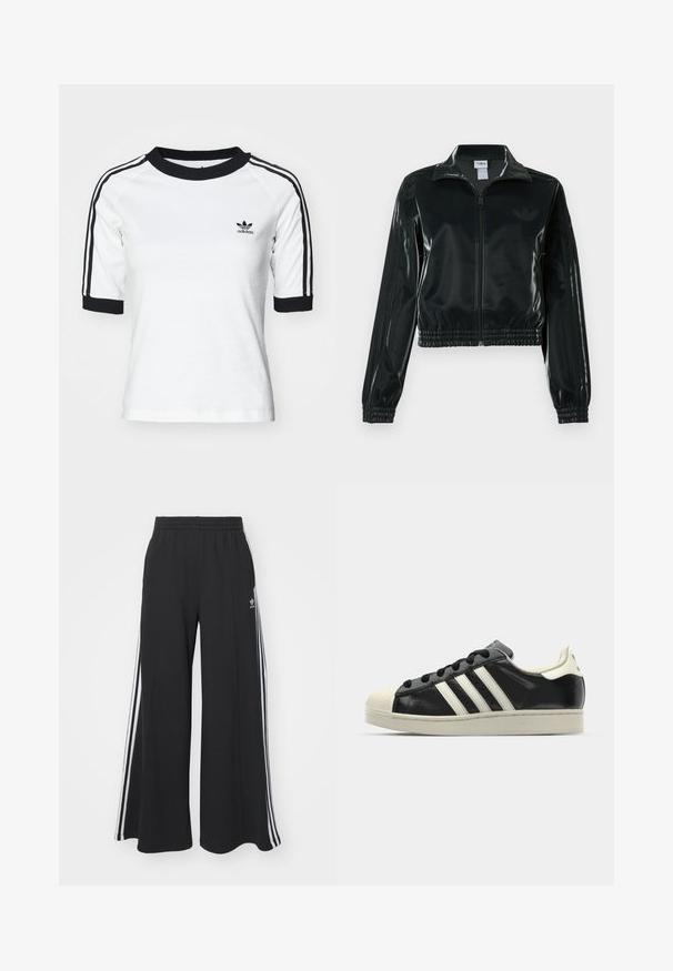 Juoda blizgi trumpa striukė su užtrauktuku priekyje, aukštu apykakliu ir elastine apačia. Rankovėse trys dryžiai ir mažas logotipas ant krūtinės.; Balta medvilnė marškinėliai trumpomis juodomis rankovėmis ir apykakle, su juodais trimis juostelėmis ir mažuoju juodu Adidas logotipu ant krūtinės.; Juodos plačios kojų džinsinės kelnės su elastingu juosmeniu, turinčios baltas šonines juosteles ir išsiuvinėtą logotipą kairiajame šlaunyje.; Juodi odiniai sportiniai bateliai su baltais dryžiais, guminis toe kapas, juodi raišteliai ir kreminis padas. Lygus pavirčius su blizgiu finišu.