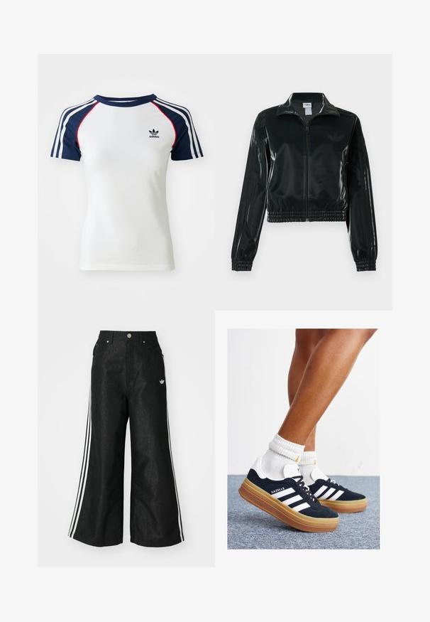 Must läikiv lühike jakk lukuga esiküljel, kõrge krae ja elastse äärega. Varrukatel on kolm triipu ja rinnal väike logo.; Valge puuvillane T-särk, millel on tumesinised raglani varrukad, kolmes valges riba ja väike must Adidas'i logo rinnal. Punased aktsendid.; Mustad mustadeline denimipüksid, millel on kummalgi küljel kolm valget triipu ja väike valge logo. Omab esikotte ja nööbiga kinnihoidmist.; Mustad seemisnahast tossud valgete triipude ja detailidega, ümarate varbassosadega, kummist välistallaga, paaritatud valgete soonikuliste meessokkidega.