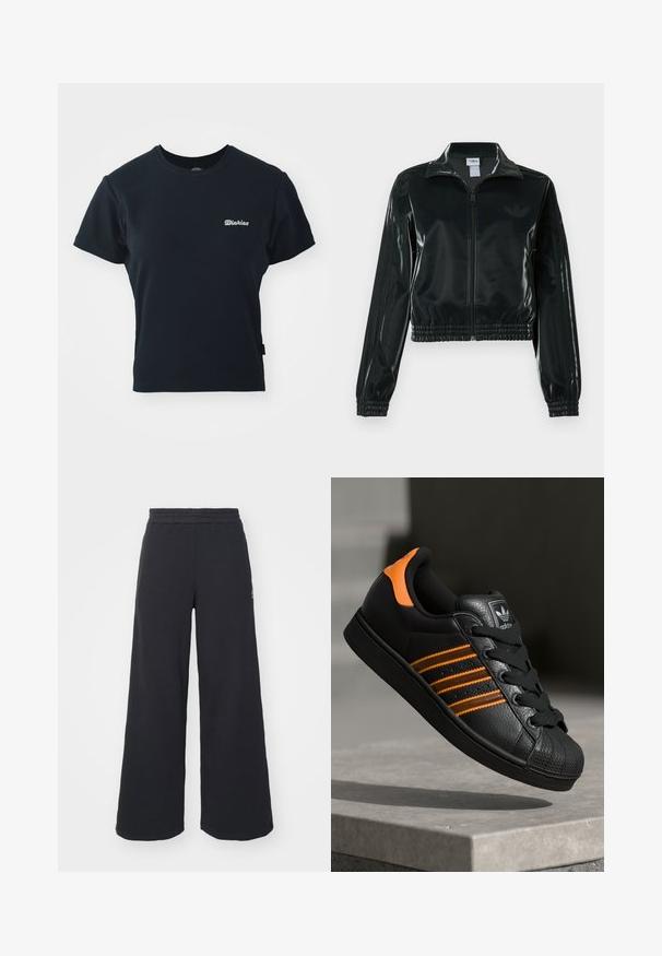 Casaco curto preto brilhante com fecho de correr frontal, gola alta e bainha elástica. Apresenta três riscas nas mangas e um pequeno logotipo no peito.; T-shirt preta de algodão com mangas curtas, decote redondo e pequeno logotipo branco bordado no peito. Design clássico e ajustado.; Calças de fato largas, pretas, feitas de tecido macio, com uma cintura elástica e um pequeno logótipo do lado esquerdo.; Sapatilha preta com detalhes laranja, três riscas horizontais, parte superior em couro texturizado, bico de borracha e atacadores pretos.