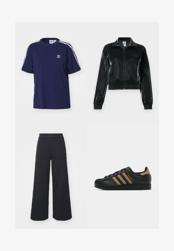 Juoda blizgi trumpa striukė su užtrauktuku priekyje, aukštu apykakliu ir elastine apačia. Rankovėse trys dryžiai ir mažas logotipas ant krūtinės.; adidas Originals 3 STRIPE - Marškinėliai su spaudiniu - dark blue; Juoda plačių kojų sportinė kelnė, pagaminta iš minkštos medžiagos, su elastinga juosmens juosta ir mažu logotipu kairėje pusėje.; Juoda odinė sportinė avalynė su trimis rudos spalvos juostelėmis, tekstūruotu gumuotu pirštų gaubtu, raišteliais priekyje ir plokščiu juodu padu. Yra subtilus logotipas ant kulno.