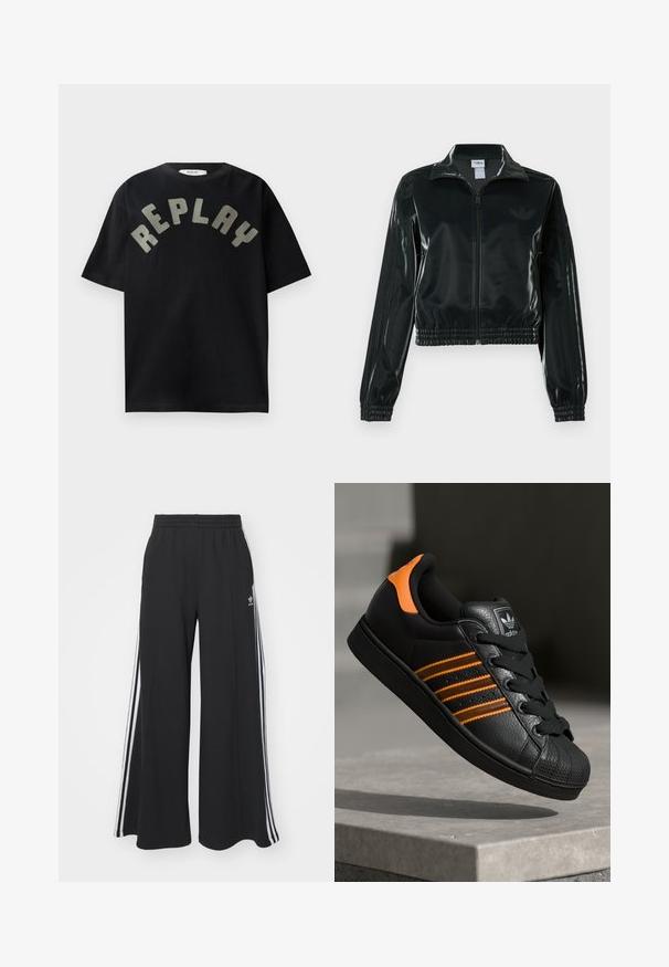 Black glossy cropped jacket with a zip front, high collar, and elasticized hem. Features three stripes on sleeves and a small logo on the chest.; Black cotton t-shirt featuring a curved, large, light gray "REPLAY" graphic on the front, short sleeves, and a crew neckline.; Black wide-leg sweatpants with an elastic waistband, featuring white side stripes and an embroidered logo on the left thigh.; Black sneaker with orange accents, three horizontal stripes, textured leather upper, rubber toe cap, and black laces.