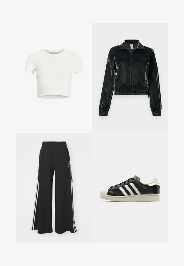 Black glossy cropped jacket with a zip front, high collar, and elasticized hem. Features three stripes on sleeves and a small logo on the chest.; White, cropped t-shirt made of ribbed fabric. Features a round neckline and short sleeves. Smooth texture with a fitted shape.; Black wide-leg sweatpants with an elastic waistband, featuring white side stripes and an embroidered logo on the left thigh.; Black leather sneaker with white stripes, rubber toe cap, black laces, and a cream-colored outsole. Smooth texture with shiny finish.
