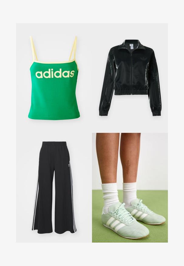 Fekete, fényes rövidített dzseki cipzárral az elején, magas gallérral és elasztikus szegéllyel. Három csík díszíti az ujjakat, és kis logó található a mellrészen.; Zöld ujjatlan felső sárga részletekkel, rugalmas anyagból készült. Nagy sárga "adidas" logóval a mellkason és vékony pántokkal rendelkezik.; Fekete, bő szárú melegítőnadrág, rugalmas derékkal, fehér oldalsávokkal és hímzett logóval a bal combon.; Mentazöld sportcipők fehér csíkokkal, sima bőr textúrával, kerek orral és gumitalppal, fehér bordázott zoknival párosítva.