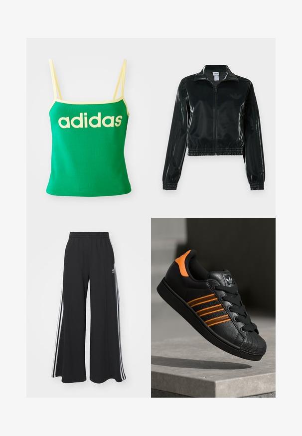 Sort blank cropped jakke med glidelås foran, høy krage og elastisk nederkant. Har tre striper på ermene og en liten logo på brystet.; Grønn tanktopp med gule detaljer, laget av elastisk materiale. Har stort gult "adidas"-logo over forsiden og tynne stropper.; Svart vide joggebukser med elastisk midjebånd, med hvite sidestriper og brodert logo på venstre lår.; Svart sneaker med oransje detaljer, tre horisontale striper, teksturert skinnoverdel, gummitå, og svarte lisser.