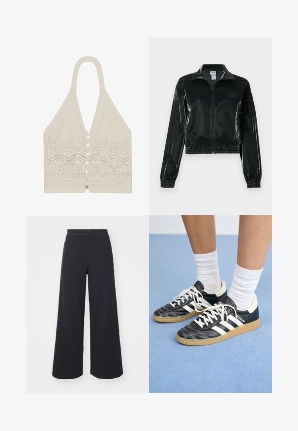 Must läikiv lühike jakk lukuga esiküljel, kõrge krae ja elastse äärega. Varrukatel on kolm triipu ja rinnal väike logo.; Kootud kaeluseta topp kreemis, millel on geomeetriline muster, sügav V-kaelus ja viis esist nuppu, millel on tekstuuriga viimistlus allääris.; Mustad laiad spordipüksid, mis on valmistatud pehmest kangast, elastse vöökohtaga ja väikese logoga vasakul küljel.; Mustad nahast tennisetossud valgete triipudega, ümar nina, valged paelad ja kummist tallad. Esiletõstetud pehmendatud krae ja brändingu detailid.