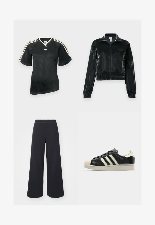 Svart glansig kort jacka med dragkedja framtill, hög krage och elastisk nederkant. Har tre ränder på ärmarna och en liten logga på bröstet.; Svart Adidas kortärmad sporttröja med vita och gula ränder på axlarna, V-ringad krage och subtilt chevronmönster på framsidan.; Svarta vida sweatpants tillverkade av mjukt tyg, med ett elastiskt midjeband och en liten logotyp på vänster sida.; Svart lädersneaker med vita ränder, gummitåhätta, svarta snören och en krämfärgad sula. Slät textur med blank yta.