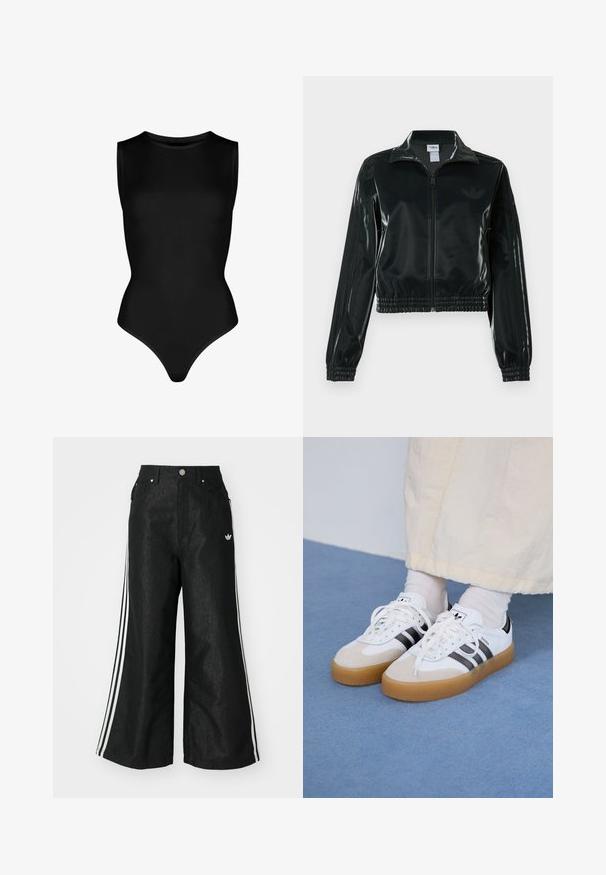 Chaqueta corta negra brillante con cremallera en el frente, cuello alto y dobladillo elástico. Presenta tres rayas en las mangas y un pequeño logo en el pecho.; Bodysuit negro sin mangas hecho de material elástico, con un cuello alto y un diseño ajustado con una parte inferior tipo tanga. Sin estampados ni elementos metálicos.; Pantalones de denim anchos y negros con tres franjas blancas en cada lado y un pequeño logo blanco. Cuenta con bolsillos frontales y un cierre de botón.; Zapatillas blancas con rayas negras y acentos de ante beige. Cuentan con una suela de goma texturizada y cordones blancos planos, usadas con calcetines de color claro.