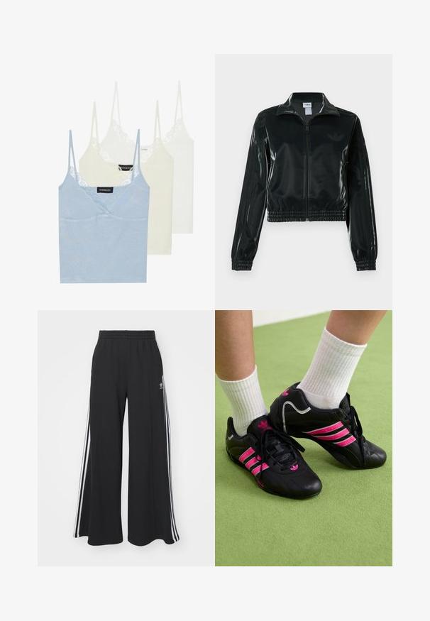 Casaco curto preto brilhante com fecho de correr frontal, gola alta e bainha elástica. Apresenta três riscas nas mangas e um pequeno logotipo no peito.; Três camisas de alças: azul claro, creme e branco. Feitas de um tecido suave com um acabamento de renda ao longo do decote e alças finas ajustáveis.; Calças de suor largas e pretas com uma cintura elástica, apresentando riscas brancas nas laterais e um logótipo bordado na coxa esquerda.; Sapatos atléticos pretos com três riscas rosas, parte superior em couro texturizado, atacadores pretos e detalhe do logótipo, combinados com meias brancas com nervuras sobre uma superfície verde.
