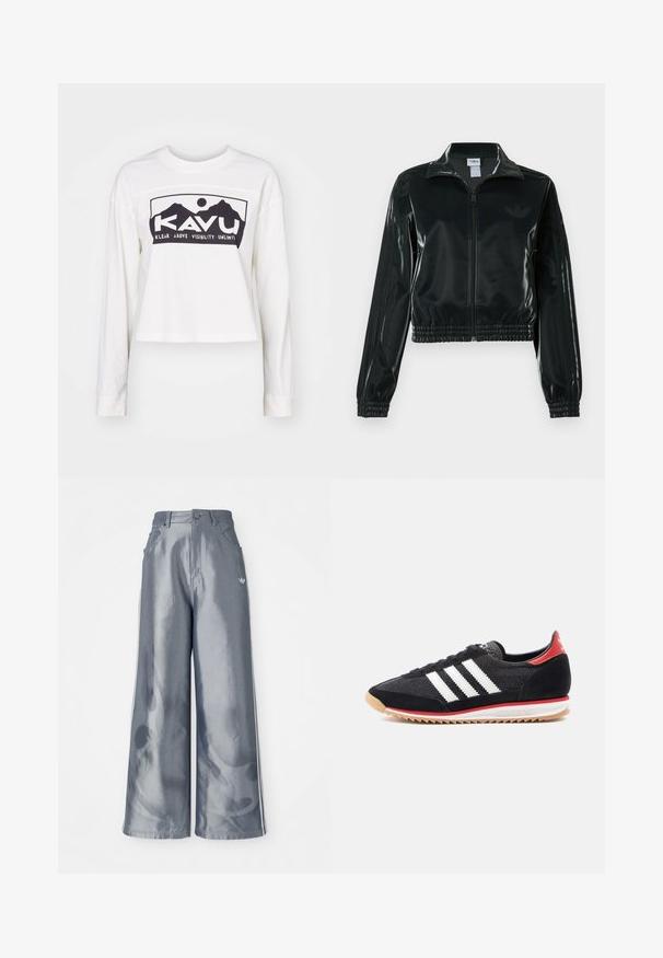 Svart glansig kort jacka med dragkedja framtill, hög krage och elastisk nederkant. Har tre ränder på ärmarna och en liten logga på bröstet.; Vit långärmad tröja med en kort design, med en svart bergsgrafik och fetstilt "KAVU"-text. Mjukt bomullsmaterial.; Vida byxor i glänsande grått material, med vita sidosträck och en lågmönster på nederdelen av benen. Knappar och dragkedja vid midjan.; Svart sportskor med vita ränder, mockadetaljer och en röd häl. Mesh-textur och gummisula med ett ljust brunt mönster.
