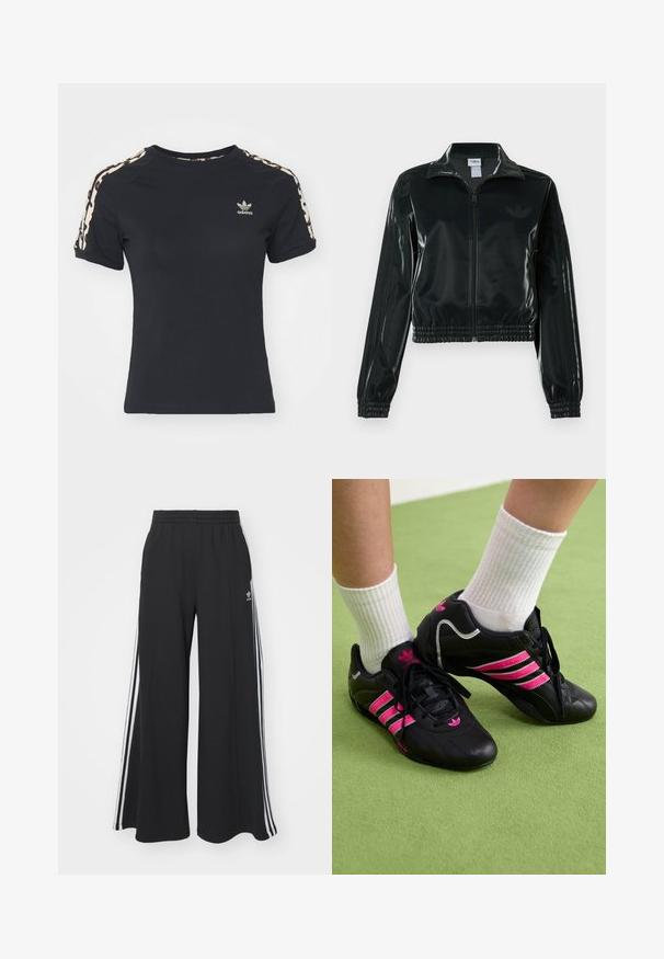 Juoda blizgi trumpa striukė su užtrauktuku priekyje, aukštu apykakliu ir elastine apačia. Rankovėse trys dryžiai ir mažas logotipas ant krūtinės.; Juodas medvilnės marškinėlis trumpomis rankovėmis, su raštuotomis šoninėmis juostomis ir mažu siuvinėtu logotipu ant krūtinės. Tampri dizaino forma.; Juodos plačios kojų džinsinės kelnės su elastingu juosmeniu, turinčios baltas šonines juosteles ir išsiuvinėtą logotipą kairiajame šlaunyje.; Juodi sportiniai bateliai su trimis rožinėmis juostelėmis, tekstūruota odinė viršutinė dalis, juodi raišteliai ir logotipo detalė, derinami su baltais raukšlėtais kojiniais ant žalios paviršiaus.