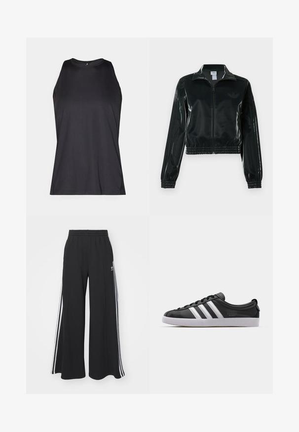 Casaco curto preto brilhante com fecho de correr frontal, gola alta e bainha elástica. Apresenta três riscas nas mangas e um pequeno logotipo no peito.; Camisola atlética sem mangas preta feita de um tecido leve e suave. Apresenta um decote redondo e costuras planas para maior conforto.; Calças de suor largas e pretas com uma cintura elástica, apresentando riscas brancas nas laterais e um logótipo bordado na coxa esquerda.; Sapatilha de couro preta com um design de três riscas brancas, bico arredondado, sola plana de borracha branca e detalhe da marca na lateral.