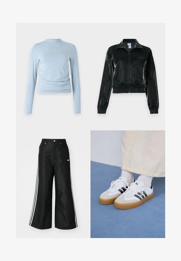 Giacca nera lucida corta con zip frontale, colletto alto e orlo elasticizzato. Presenta tre strisce sulle maniche e un piccolo logo sul petto.; Maglia a maniche lunghe azzurro chiaro realizzata in tessuto morbido, con collo alto, silhouette aderente e dettagli arricciati sui lati.; Pantaloni in denim neri a gamba larga con tre strisce bianche su ciascun lato e un piccolo logo bianco. Presentano tasche frontali e chiusura con bottone.; Sneakers bianche con strisce nere e accenti in suede beige. Presentano una suola in gomma texturizzata e lacci bianchi piatti, indossate con calzini di colore chiaro.