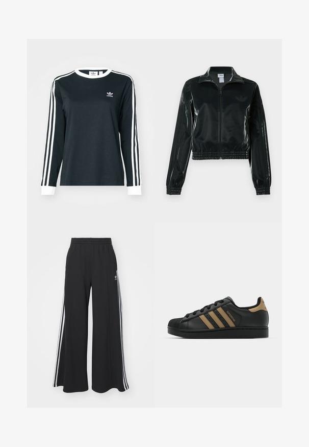 Sort blank cropped jakke med glidelås foran, høy krage og elastisk nederkant. Har tre striper på ermene og en liten logo på brystet.; Svart langermet skjorte med hvite detaljer, med rund hals og tre hvite striper på hver erme. Lite logo på brystet.; Svart vide joggebukser med elastisk midjebånd, med hvite sidestriper og brodert logo på venstre lår.; Svarte lærersneakers med tre brune striper, teksturert gummitåhette, snøring foran og flat svart såle. Har en subtil logo på hælen.