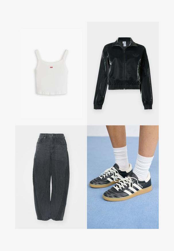 Black glossy cropped jacket with a zip front, high collar, and elasticized hem. Features three stripes on sleeves and a small logo on the chest.; White ribbed tank top with thin straps, featuring a small red Levi's logo on the front. Simple, fitted design with a straight hem.; Baggy black denim jeans with a faded finish, five pockets, a waist button closure, and stitched detailing on the front and sides.; Black leather sneakers with white stripes, round toe, white laces, and gum rubber sole. Accentuated by padded collar and branding details.