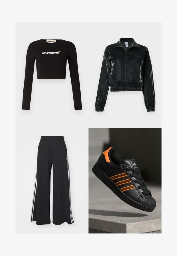 Juoda blizgi trumpa striukė su užtrauktuku priekyje, aukštu apykakliu ir elastine apačia. Rankovėse trys dryžiai ir mažas logotipas ant krūtinės.; Juodas trumpas ilgomis rankovėmis marškinėliai, pagaminti iš medvilnės. Suapvalinta iškirptė ir balta "lowlights" logotipas per krūtinę.; Juodos plačios kojų džinsinės kelnės su elastingu juosmeniu, turinčios baltas šonines juosteles ir išsiuvinėtą logotipą kairiajame šlaunyje.; Juodas sportinis batelis su oranžiniais akcentais, trimis horizontaliomis juostelėmis, tekstūruota odinė viršutinė dalis, guminiu nosių dangteliu ir juodomis raišteliais.