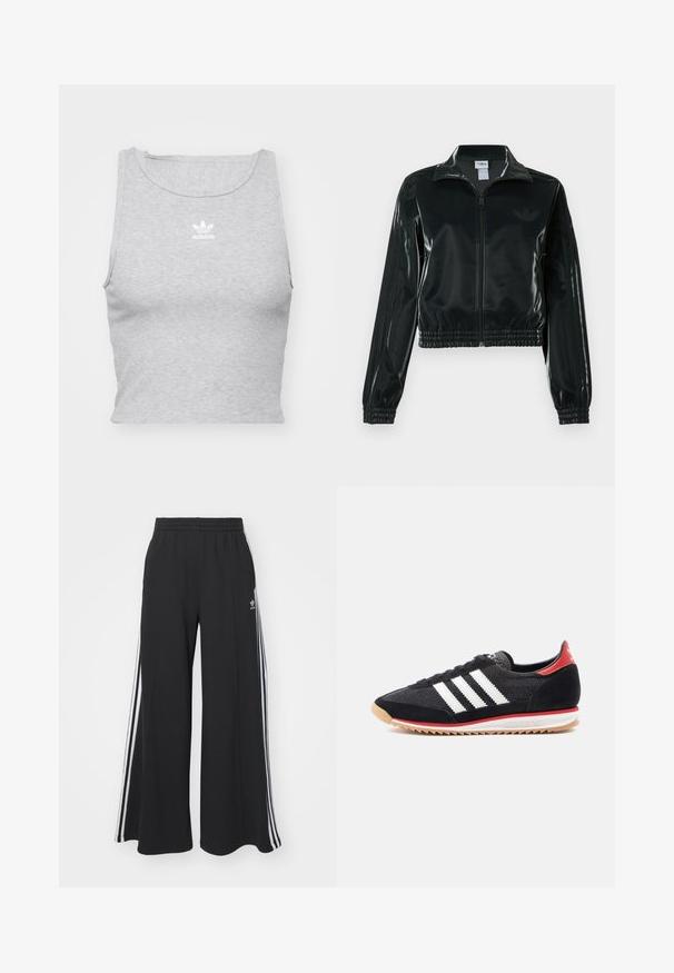 Črno, sijočo kratko jakno z zadrgo spredaj, visokim ovratnikom in elastičnim spodnjim robom. Na rokavih so tri črte, na prsih pa majhen logotip.; Sivina brezrokavna cropped majica iz mehkega blaga, z okroglim izrezom in majhnim belim Adidasovim logotipom na prsih.; Črne široke trenirke z elastičnim pasom, ki imajo bele stranske proge in vezeno logo na levi stegna.; Črni športni čevelj z belimi črtami, semiš detajli in rdečo peto. Mrežasta tekstura in gumijast podplat z svetlo rjavim profilom.