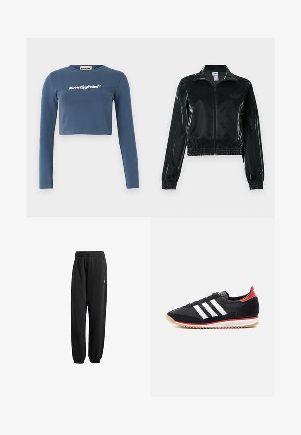 Crna sjajna kratka jakna s patentnim zatvaračem sprijeda, visokim ovratnikom i porubom s elastikom. Na rukavima ima tri pruge i mali logo na prsima.; Plava skraćena majica dugih rukava napravljena od mekanog pamuka, s bijelom izveznom "lowlights" logotipom sprijeda. Glatka tekstura, rebrasti izrez.; Crne trenirke od mekog, teksturiranog materijala. Imaju elastičnu struk, manžete i mali bijeli logotip blizu vrata.; Crna atletska cipela s bijelim prugama, detaljima od brušene kože i crvenom petom. Tekstura od mrežastog materijala i gumenim potplatom svijetlosmeđe boje s uzorkom.