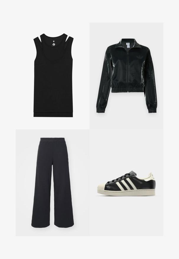 Zwarte glanzende cropped jas met een ritssluiting aan de voorkant, hoge kraag en elastische zoom. Voorzien van drie strepen op de mouwen en een klein logo op de borst.; Zwarte tanktop met een ronde hals en een dubbel bandjes ontwerp. Gemaakt van ribbelstof met een gladde textuur, heeft een rechte zoom.; Zwarte wijde sweatpants gemaakt van zachte stof, met een elastische tailleband en een klein logo aan de linkerkant.; Zwarte leren sneaker met witte strepen, rubberen teenbescherming, zwarte veters en een crèmekleurige loopzool. Glad oppervlak met een glanzende afwerking.