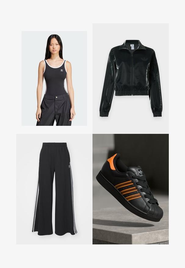 Juoda blizgi trumpa striukė su užtrauktuku priekyje, aukštu apykakliu ir elastine apačia. Rankovėse trys dryžiai ir mažas logotipas ant krūtinės.; Juodas bodis su baltais akcentais ir Adidas logotipu ant krūtinės, pasižymintis prigludusia forma ir plačiomis pečių juostomis.; Juodos plačios kojų džinsinės kelnės su elastingu juosmeniu, turinčios baltas šonines juosteles ir išsiuvinėtą logotipą kairiajame šlaunyje.; Juodas sportinis batelis su oranžiniais akcentais, trimis horizontaliomis juostelėmis, tekstūruota odinė viršutinė dalis, guminiu nosių dangteliu ir juodomis raišteliais.